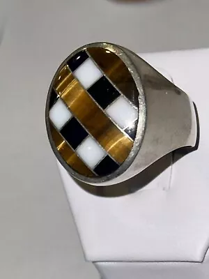 Vintage 11.5 Sterling Tiger Eye Onyx And MOP RING • $114.99