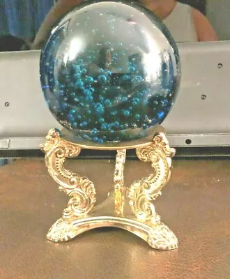 Vintage Godinger Blue Bullicante (bubble) Crystal Ball W/ Gold Metal Stand  • $30