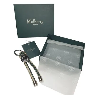 MULBERRY Plaited Leather Keyring Braided Loop Heavy Grain Green & Chalk • £95