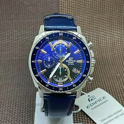 Casio Edifice EFV-600L-2A Blue Analog Leather Chronograph Quartz Men's Watch • $322.30