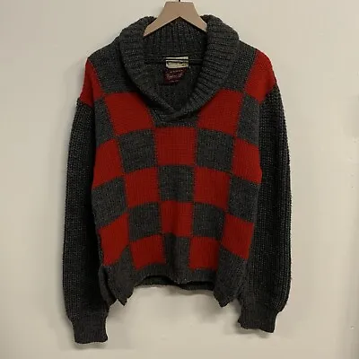 Vintage 50s 60s Checker Print Wool Shawl Collar Sweater Mens SZ L Mod ⭐️⭐️ • $65
