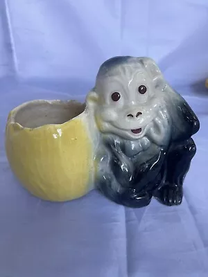 Vintage Ceramic Blue Green Monkey With Yellow Planter  • $8