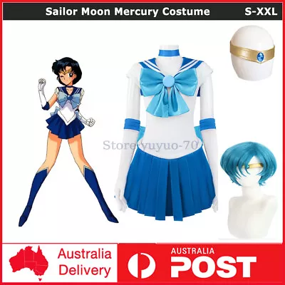 Sailor Moon Sailor Mercury Cosplay Costume Dress+Headwear Wig Prop Halloween • £21.37