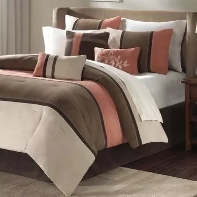 Beige Coral Brown Neutral Stripe Leaves 7pc Comforter Set Queen Cal King Bedding • $162.90