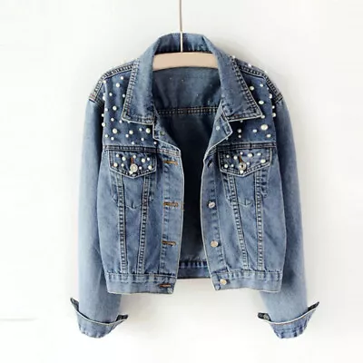 Denim Jeans Casual Jacket Women Plus Coat Loose Fit Outwear Size Biker Pearl - • $42.22
