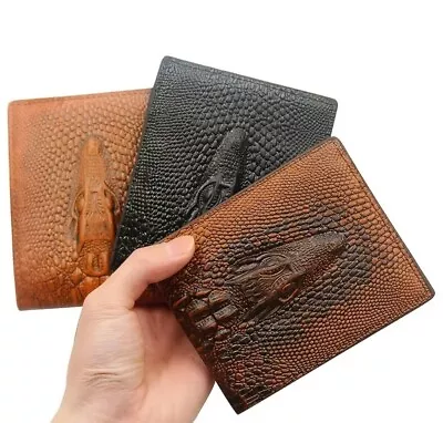 Men’s Crocodile Gator Head Brown TAN Bi-fold WALLET ID Window • $15.99