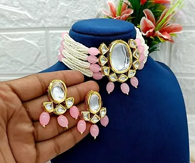 Elegant Kundan Gold Tone Pearls Choker Meenakari Indian Partywear Jewelry Set • $39.99