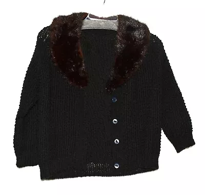 Black Loose Knit Mink Fur Collar Womens Cardigan Sweater Size Small To Medium  • $34.99