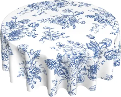 Kawani Blue White Floral Round Tablecloth 60 Inch Vintage Flower Table Cloth Ele • $27.63