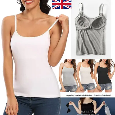 UK Womens Camisole With Built In Shelf Bra Spaghetti Strap Vest Padded Tank Tops • £8.99