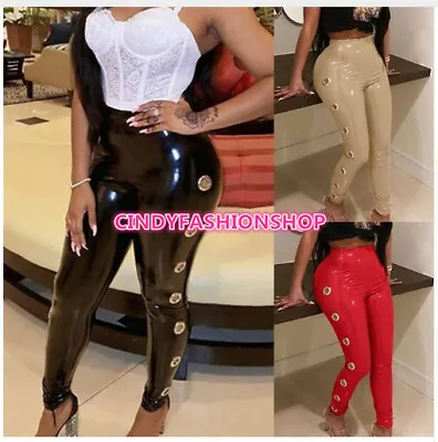 Women Double Side Hollow Metal Ring Spliced Vinyl Leather Shinny Pencil Pants • $21.88