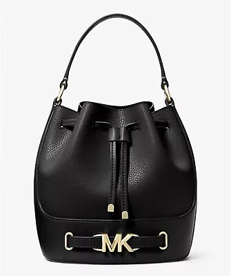 Michael Kors Reed Medium Belt Bucket Crossbody Handbag Leather In Black Gold • $129.98