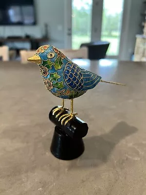 Vintage Cloisonne Brass BIRD 5 1/8” X 5.5” Sculpture Figurine On Wood Perch • $14.95