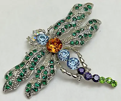 Blue Green Dragonfly Insect Bug Crystal Glass Rhinestone Brooch Pin Vintage Big • $12.74