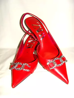 $49.99 • Buy ZARA Red Leather Slingback Pumps With Crystal Rhinestone Tops!  Size 39/U.S. 8.5
