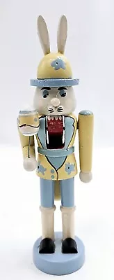 VTG Wooden Bunny Rabbit Nutcracker Holding A Decorated Egg 8  Tall Yellow/Blue • $22.99