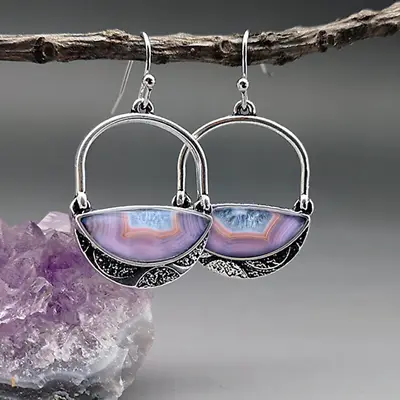 Agate Purple Silver Dangle Earring-Silver Agate Crystal Drop Earring-UK • £13.99