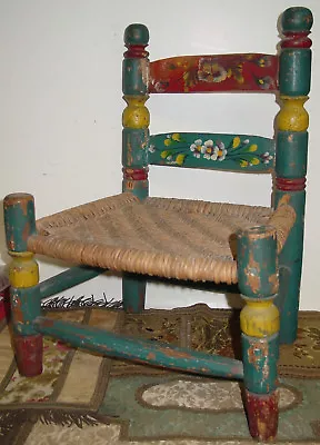 Vintage Mexican / Mexico Handpainted W/ Primary Colours Child's Rush Seat Chair • $195