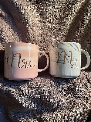 Mr & Mrs Couples Coffee Mug Set Ceramic Pink Gray Swirly Marble From Apollo Box • $10