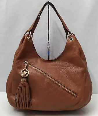 Michael Kors Acorn Charm Tassel Brown Pebbled Leather Hobo Shoulder Bag • $105