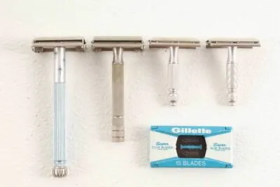 4 Vintage Gillette Safety Razors & Blade Case G2 M4 S1 • $49