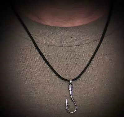 Mens Fishhook Necklace Choker Black Suede Chain Fishing Fish Hook Jewelry Nature • $11.99