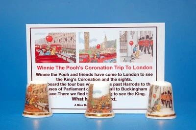 £9.99 • Buy Winnie The Pooh's Coronation Trip To London Set Of 3 Thimbles + Card B/190
