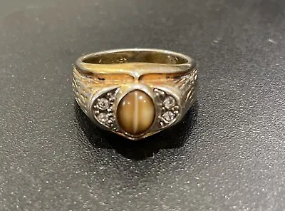 Vintage Uncas Cat's Eye + Clear Stones Men's Gold-Plated Ring Size 11 • $19.99