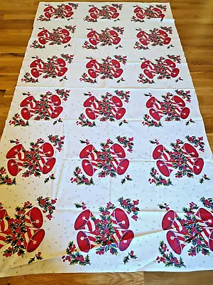 Vintage Christmas Tablecloth Red White Striped Bells Holly Berries 95  X 53  MC • $79.95