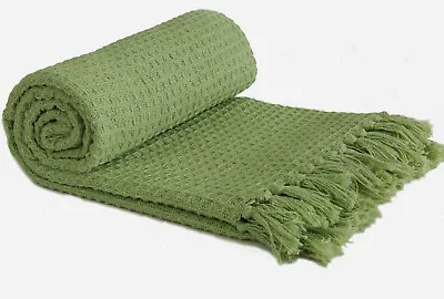 £10.45 • Buy 100% Cotton Honeycomb Throw Pistachio Green Fringe Tassel Bed Chair Sofa Blanket