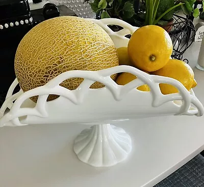 Vintage Fenton Milk Glass Lacy Edged Fruit Bowl Basket Pedestal • $35