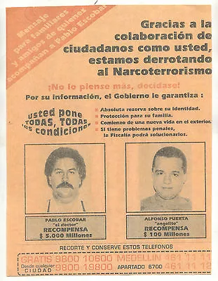 Pablo Escobar Colombias Most  Wanted Poster Flyer 8x10 • $8.99