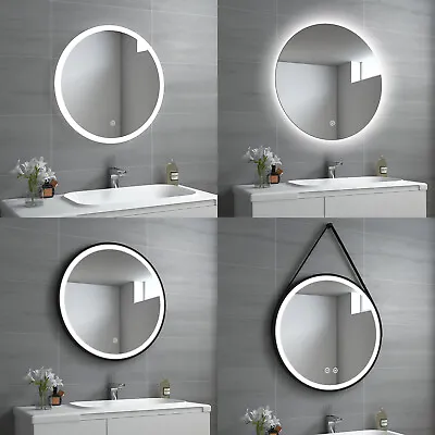 EMKE Round LED Bathroom Mirror With Illuminated Lights Demister Touch Clock Wall • £71.79