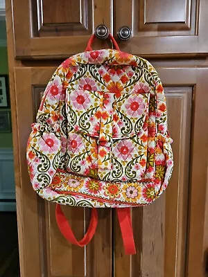 Vera Bradley Orange Pink Flower Folkloric Backpack Magnetic Snap Pocket Zip • $47.16