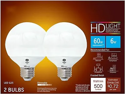 GE Relax Light Bulbs LED HD Dimmable Soft White 6 Watt 500 Lumen G25 2 Bulbs • $11.99