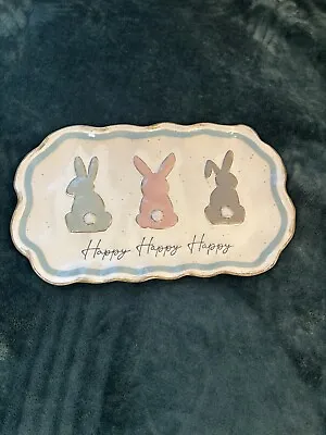Mudpie Easter Serving Platter Stoneware Hoppy Happy Bunny Rabbit Scalloped Edge • $28.99