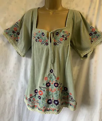 £29.95 • Buy Womens Warehouse 12 Green Crinkle Boho Folk Embroidery Tassel Gypsy Hippie Top !