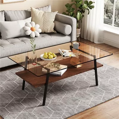 Brown Tempered Glass Coffee Table With Metal Legs Modern Table For Living Room • $121.98