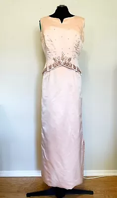 Mid-Century VINTAGE 1960s Jackie O Dress Pink SILK SHANTUNG Gown W/ BEADED TOP • $20