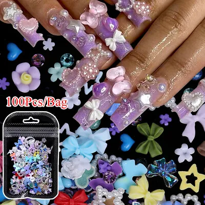 100X Bowknot Heart Pearls Nail Accessories DIY Nail Art Resin Flower Nail Drill • £1.98