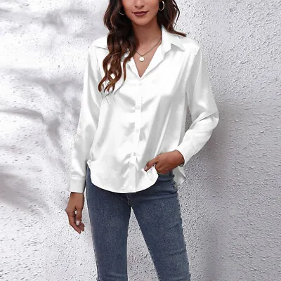 Womens Satin Silk Dress Shirt Ladies Casual Baggy Button-down Solid Tops Blouse • £10.29