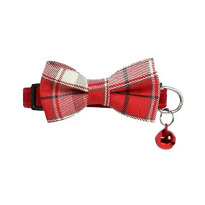 Luxury Red Velvet Cat Collar ~ Tartan Bowtie & Red Bell ~ Fully Adjustable *NEW* • £5.09