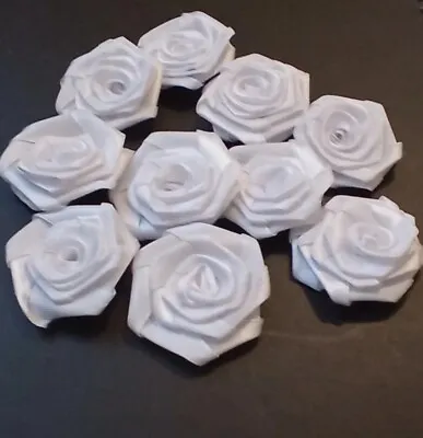 10 Satin Ribbon Rosebuds Satin Ribbon Flowers 3cm White 30mm Scrapbook Applique • £2.99