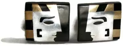 Modernist Mexican Sterling Silver Inlaid Ebony Tribal Face Cufflinks Mexico • $117