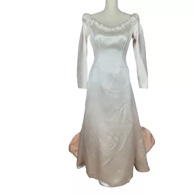 Vintage Custom Handmade Ivory Satin Wedding Dress W/Train & Matching Headband • $550