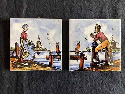 Diptych. Hand Painted Coloured Ceramic Wall Tile Showing Figures - 7.5cm Delft? • £12