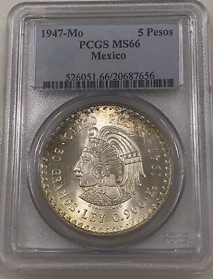 1947-Mo Mexico 5 Pesos PCGS MS66 Rainbow Toned • $250