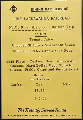 $14.99 • Buy 1964 ERIE LACKAWANNA RAILROAD Vintage Lunch Menu DINING CAR SERVICE Hoboken, NJ