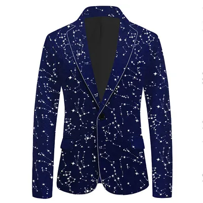 Mens Star Pattern Velvet Suit Blazer Coat Wedding Party Dinner Jacket Glitter • $71.42