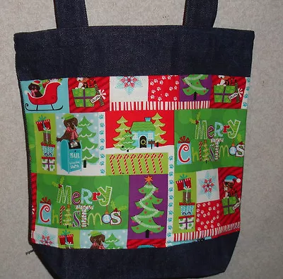 NEW Handmade Medium Christmas Dachshund Doxie Scene Squares Denim Tote Bag • $19.99